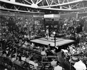 Undated photograph, probably from late 1930s or early 1940s, of boxing matches the American Legion Post 12 held in an indoor arena, with bleachers for some 2,000 built in the late 1920s on the north side of Clematis Street, near the Florida East Coast Railway crossing. Photo supplied by Leonard ( Buddy ) and Rosanne Bush.